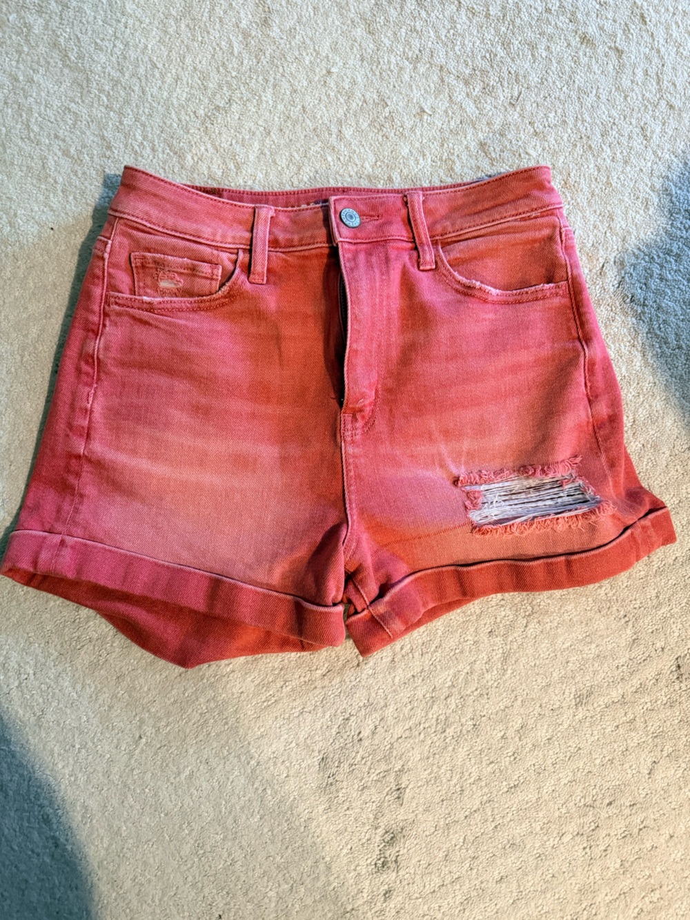 AE Coral Red Distressed Denim Shorts